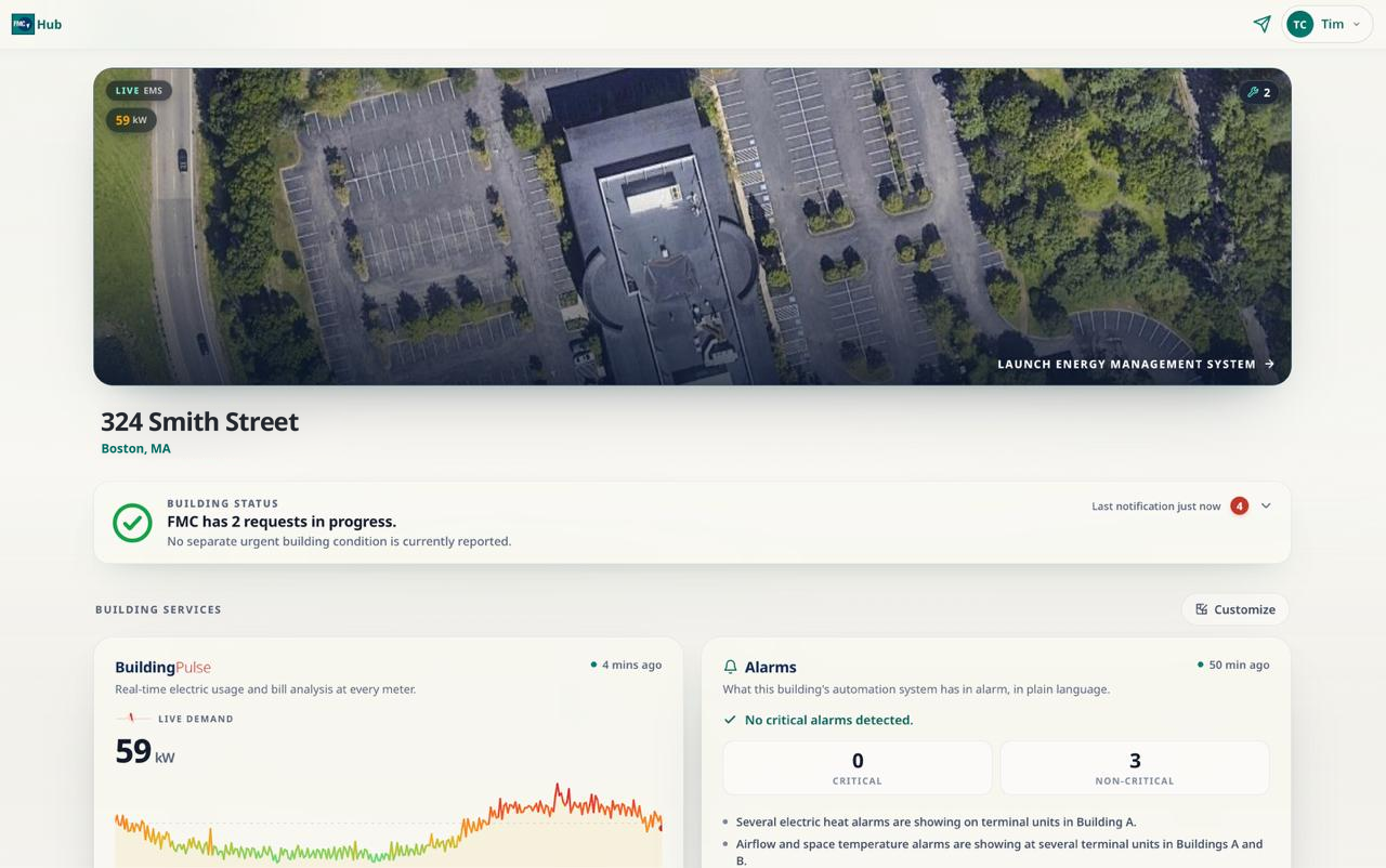 FMC Customer Hub desktop preview for fictional 324 Smith Street, Boston, MA: building status, energy use and alarms