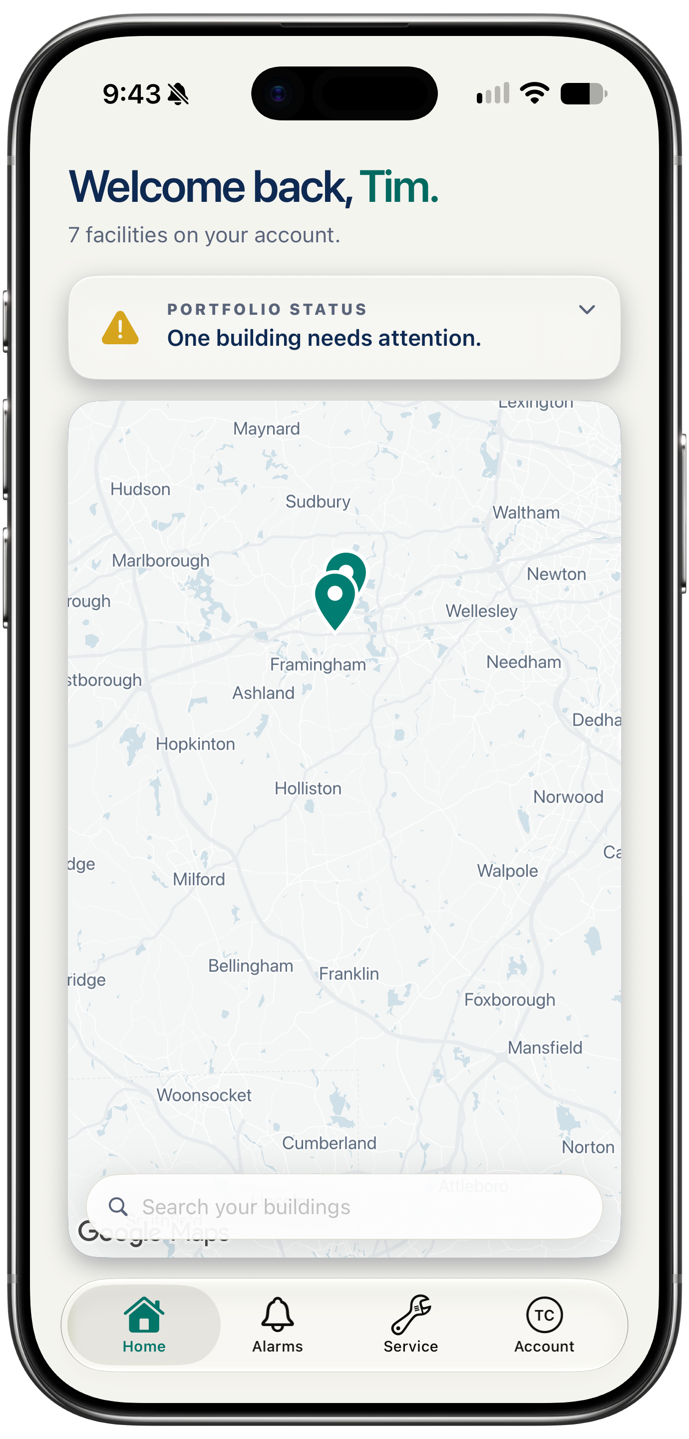 The FMC Customer Hub on an iPhone: the portfolio overview, listing the buildings on the account with a map of where they are