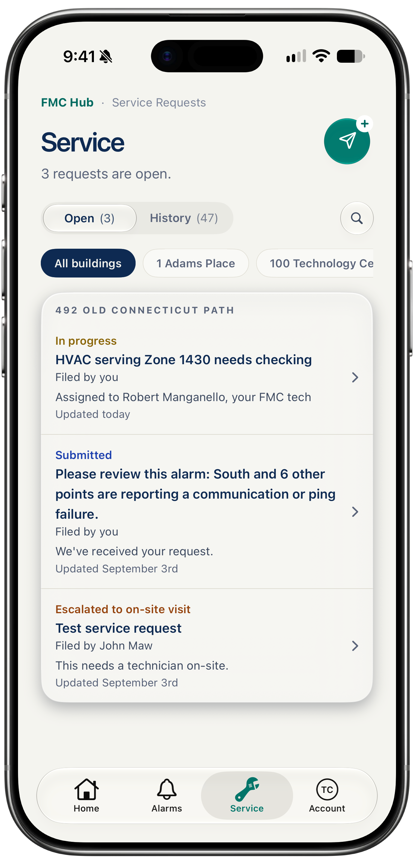 The Service tab of the FMC Customer Hub on an iPhone: three open requests for one building, each with its state - in progress, submitted, escalated to an on-site visit - above a History tab and a building filter